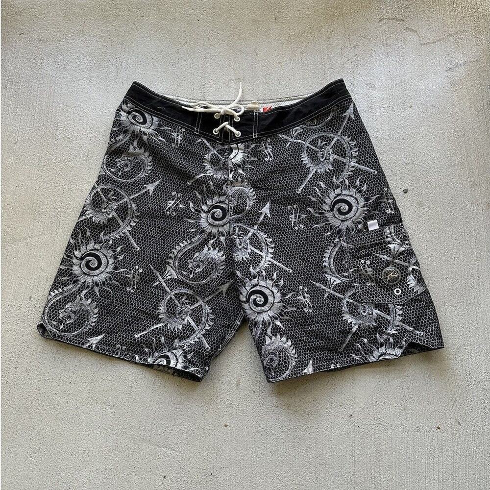 VTG 90s DRAGON BLACK SWIM SHORTS warrior Goth Board Men 36 Surf Y2K NYLON, RUSTY